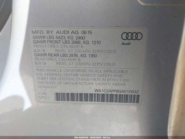 Продажа на аукционе авто 2016 Audi Q5 2.0t Premium, vin: WA1C2AFP8GA010632, номер лота: 45256760