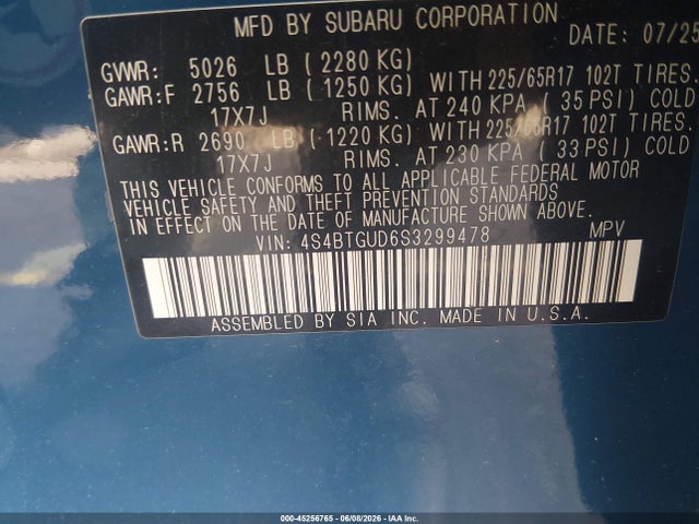 45256765 :رقم المزاد ، 4S4BTGUD6S3299478 vin ، 2025 Subaru Outback Wilderness مزاد بيع