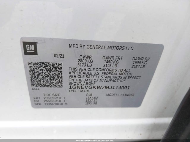 Продаж на аукціоні авто 2021 Chevrolet Traverse Awd Lt Cloth, vin: 1GNEVGKW7MJ174091, номер лоту: 45256766