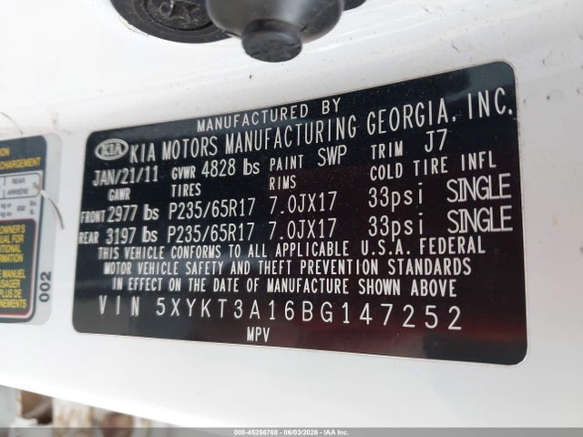 2011 Kia Sorento Lx მანქანა იყიდება აუქციონზე, vin: 5XYKT3A16BG147252, აუქციონის ნომერი: 45256768