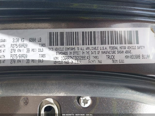 45256778 :رقم المزاد ، 1C6RR7NT3GS299143 vin ، 2016 Ram 1500 Laramie مزاد بيع