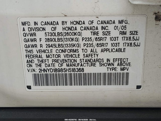Продаж на аукціоні авто 2005 Acura Mdx, vin: 2HNYD18985H518368, номер лоту: 45256792