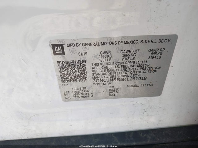 Продаж на аукціоні авто 2019 Chevrolet Trax Ls, vin: 3GNCJNSB5KL281019, номер лоту: 45256800
