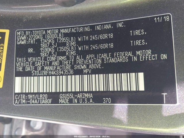 45256803 :رقم المزاد ، 5TDJZRFH4KS943536 vin ، 2019 Toyota Highlander Xle مزاد بيع