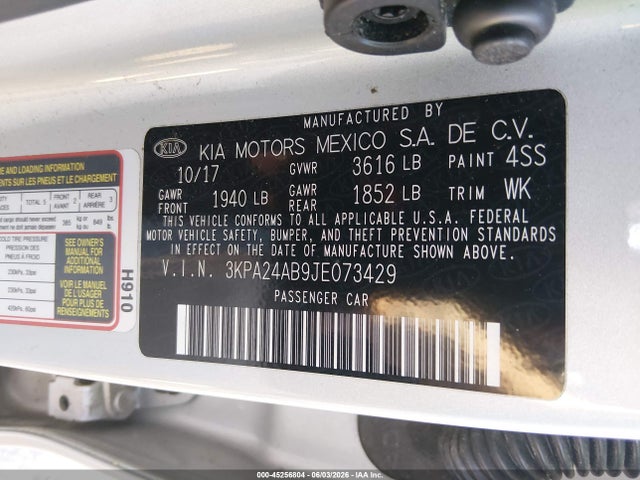 2018 Kia Rio Lx მანქანა იყიდება აუქციონზე, vin: 3KPA24AB9JE073429, აუქციონის ნომერი: 45256804