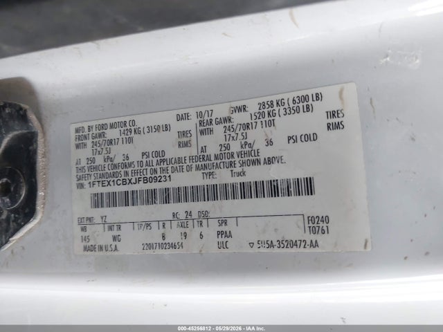 Aukcja sprzedaży 2018 Ford F-150 Xl, vin: 1FTEX1CBXJFB09231, numer aukcji: 45256812