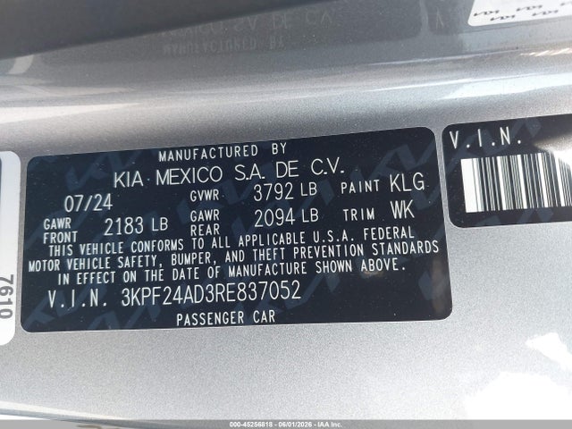 2024 Kia Forte Lxs მანქანა იყიდება აუქციონზე, vin: 3KPF24AD3RE837052, აუქციონის ნომერი: 45256818