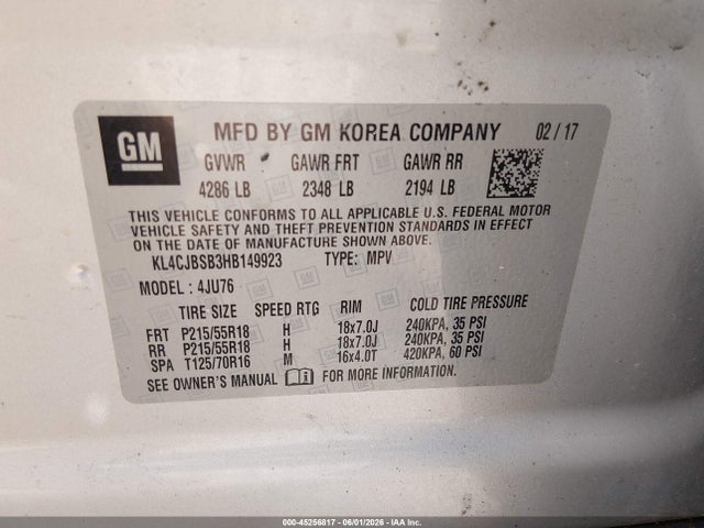Aukcja sprzedaży 2017 Buick Encore Preferred Ii, vin: KL4CJBSB3HB149923, numer aukcji: 45256817