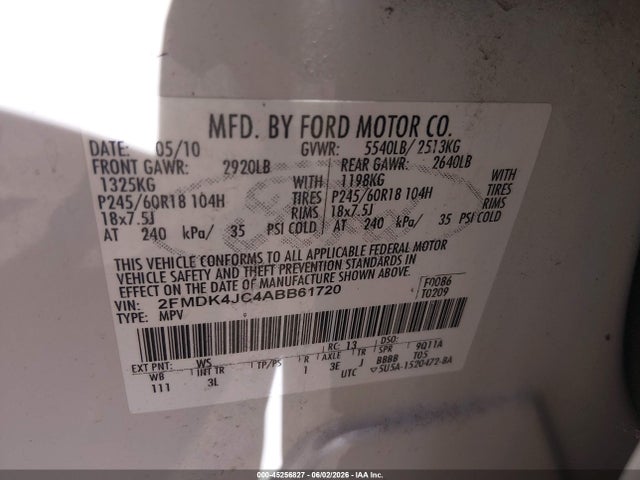 Aukcja sprzedaży 2010 Ford Edge Sel, vin: 2FMDK4JC4ABB61720, numer aukcji: 45256827