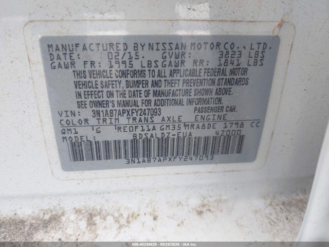 2015 Nissan Sentra Fe+ S/s/sl/sr/sv მანქანა იყიდება აუქციონზე, vin: 3N1AB7APXFY247093, აუქციონის ნომერი: 45256829