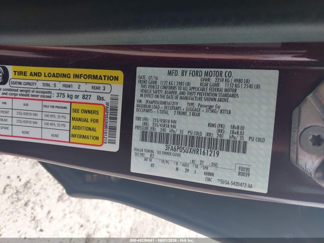Aukcja sprzedaży 2017 Ford Fusion Energi Titanium, vin: 3FA6P0SUXHR161219, numer aukcji: 45256841