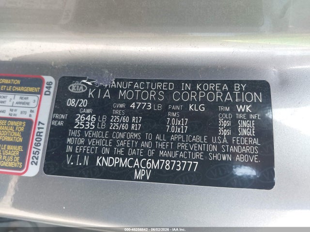 45256842 :رقم المزاد ، KNDPMCAC6M7873777 vin ، 2021 Kia Sportage Lx مزاد بيع