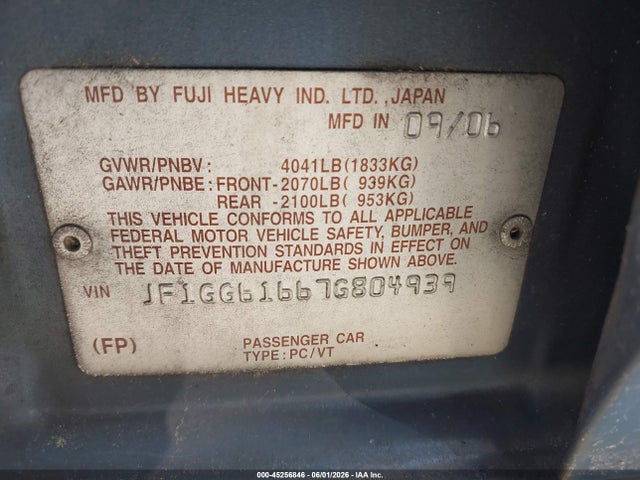Aukcja sprzedaży 2007 Subaru Impreza 2.5i, vin: JF1GG61667G804939, numer aukcji: 45256846