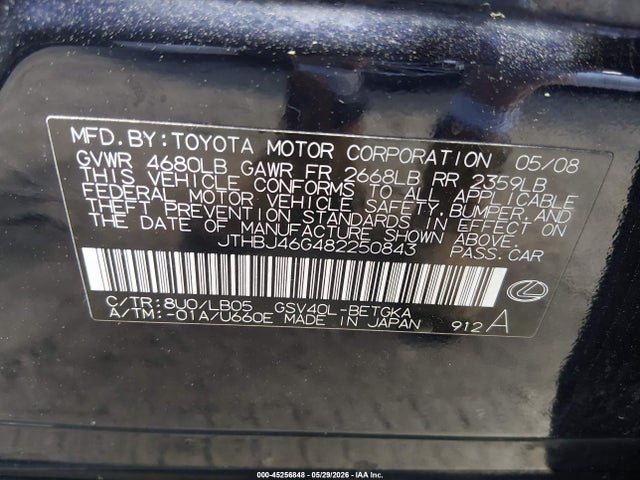 Aukcja sprzedaży 2008 Lexus Es 350, vin: JTHBJ46G482250843, numer aukcji: 45256848
