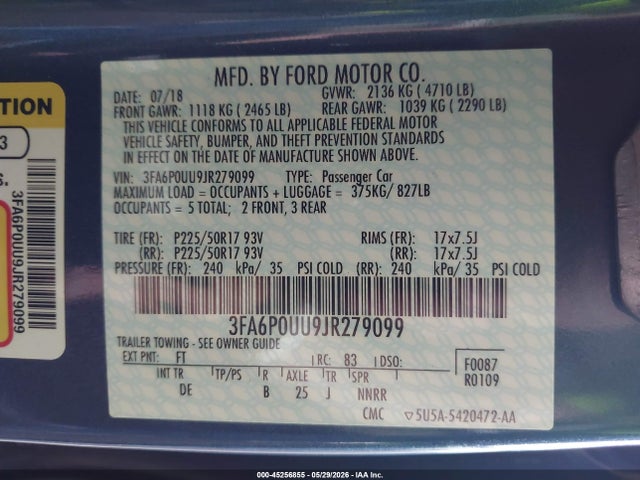 Ford Fusion Hybrid S 2018 3FA6P0UU9JR279099 Image 9