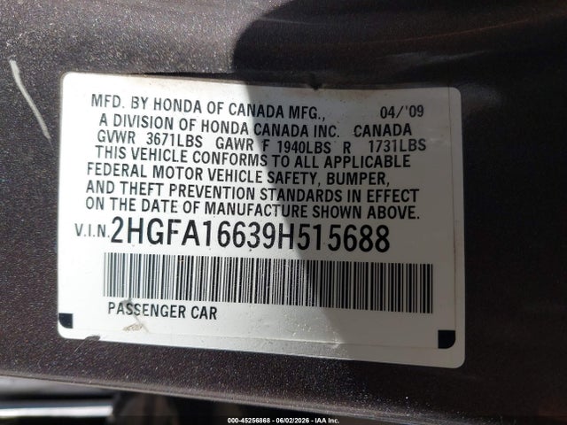 Aukcja sprzedaży 2009 Honda Civic Lx-s, vin: 2HGFA16639H515688, numer aukcji: 45256868