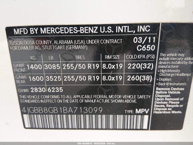 Продажа на аукционе авто 2011 Mercedes-benz Ml 350 4matic, vin: 4JGBB8GB1BA713099, номер лота: 45256870