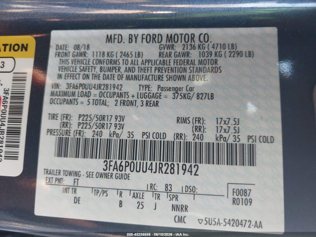 3FA6P0UU4JR281942 Ford Fusion Hybrid S