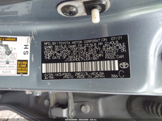 2022 Toyota Corolla Hybrid Le მანქანა იყიდება აუქციონზე, vin: JTDEAMDE7NJ041887, აუქციონის ნომერი: 45256895