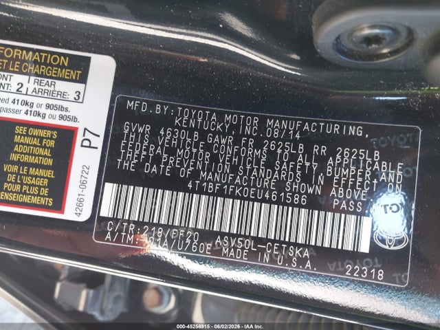 2014 Toyota Camry Se მანქანა იყიდება აუქციონზე, vin: 4T1BF1FK0EU461586, აუქციონის ნომერი: 45256915