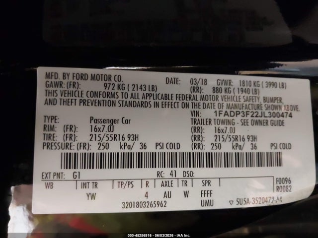 45256916 :رقم المزاد ، 1FADP3F22JL300474 vin ، 2018 Ford Focus Se مزاد بيع