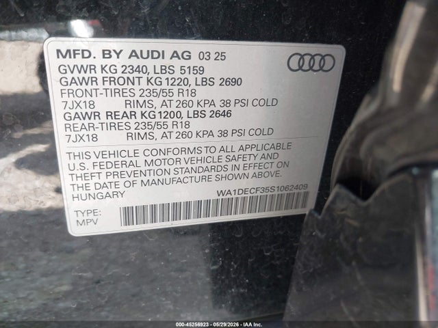 Aukcja sprzedaży 2025 Audi Q3 Premium 45 Tfsi S Line Quattro Tiptronic, vin: WA1DECF35S1062409, numer aukcji: 45256923