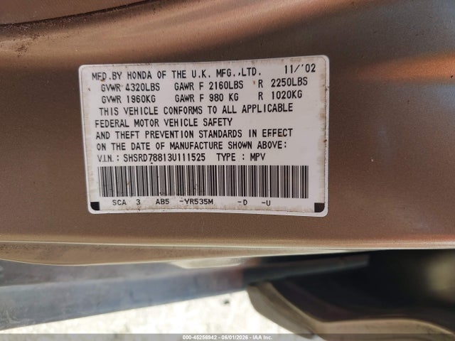 45256942 :رقم المزاد ، SHSRD78813U111525 vin ، 2003 Honda Cr-v Ex مزاد بيع