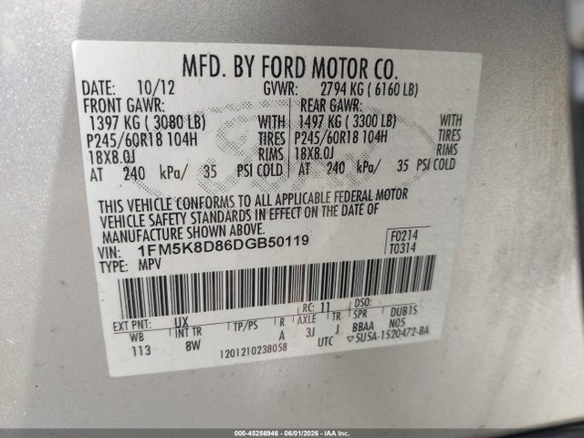 45256946 :رقم المزاد ، 1FM5K8D86DGB50119 vin ، 2013 Ford Explorer Xlt مزاد بيع
