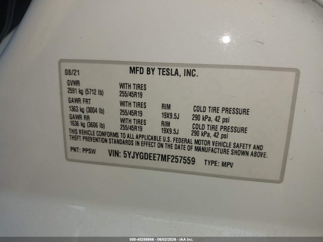 Продажа на аукционе авто 2021 Tesla Model Y Long Range Dual Motor All-wheel Drive, vin: 5YJYGDEE7MF257559, номер лота: 45256966
