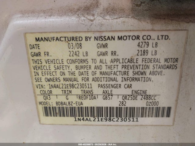 Aukcja sprzedaży 2008 Nissan Altima 2.5 S, vin: 1N4AL21E98C230511, numer aukcji: 45256973