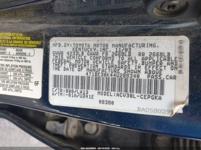 Продаж на аукціоні авто 2004 Toyota Camry Xle, vin: 4T1BE30K44U288340, номер лоту: 45256989