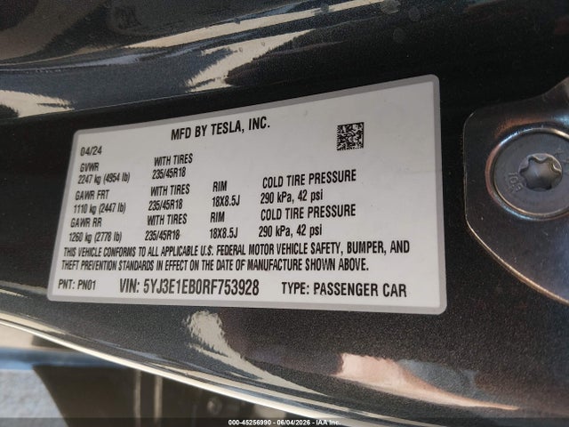 Aukcja sprzedaży 2024 Tesla Model 3 Long Range Dual Motor All-wheel Drive, vin: 5YJ3E1EB0RF753928, numer aukcji: 45256990