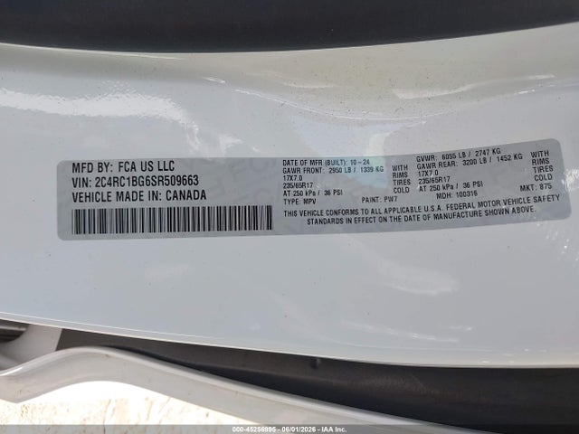 2025 Chrysler Pacifica Select მანქანა იყიდება აუქციონზე, vin: 2C4RC1BG6SR509663, აუქციონის ნომერი: 45256995