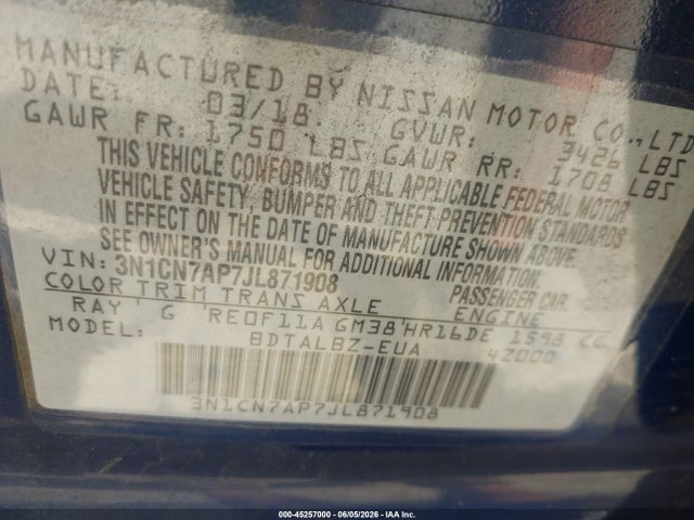 Продажа на аукционе авто 2018 Nissan Versa 1.6 Sv, vin: 3N1CN7AP7JL871908, номер лота: 45257000