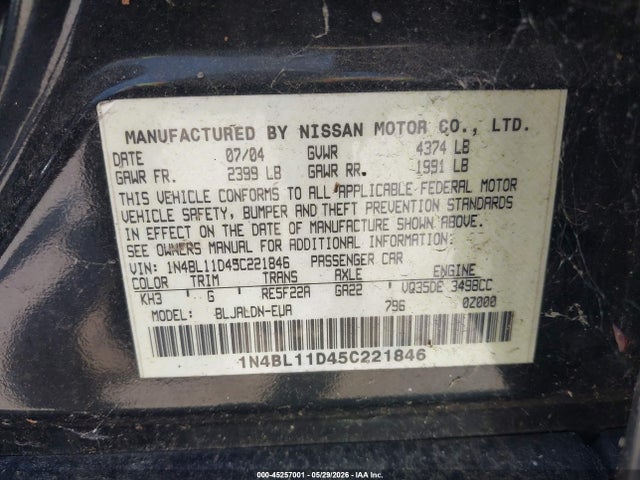 2005 Nissan Altima 3.5 Sl მანქანა იყიდება აუქციონზე, vin: 1N4BL11D45C221846, აუქციონის ნომერი: 45257001