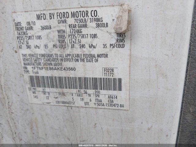 Auction sale of the 2010 Ford F-150 Xl/xlt, vin: 1FTNF1E86AKE43560, lot number: 45257015