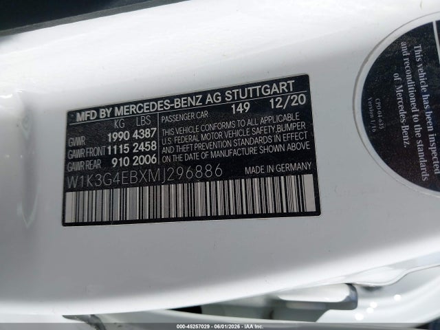 Продаж на аукціоні авто 2021 Mercedes-benz A 220, vin: W1K3G4EBXMJ296886, номер лоту: 45257029