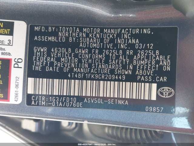 45257041 :رقم المزاد ، 4T4BF1FK9CR209449 vin ، 2012 Toyota Camry Le مزاد بيع