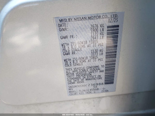 2025 Nissan Pathfinder Sl 4wd მანქანა იყიდება აუქციონზე, vin: 5N1DR3CCXSC236988, აუქციონის ნომერი: 45257053