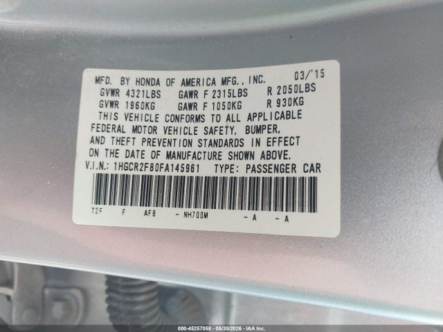 Продажа на аукционе авто 2015 Honda Accord Ex-l, vin: 1HGCR2F80FA145961, номер лота: 45257058