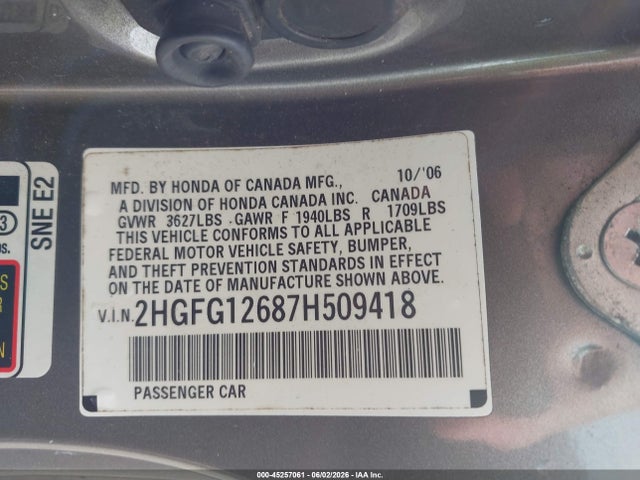 Продажа на аукционе авто 2007 Honda Civic Lx, vin: 2HGFG12687H509418, номер лота: 45257061