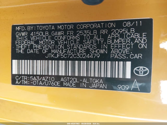 Продаж на аукціоні авто 2012 Scion Tc Release Series 7.0, vin: JTKJF5C72C3024479, номер лоту: 45257063