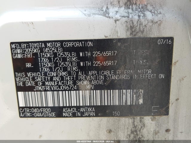 Aukcja sprzedaży 2016 Toyota Rav4 Le, vin: JTMZFREVXGJ096724, numer aukcji: 45257064