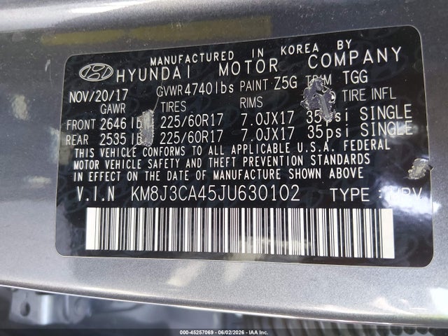 Aukcja sprzedaży 2018 Hyundai Tucson Sel, vin: KM8J3CA45JU630102, numer aukcji: 45257069