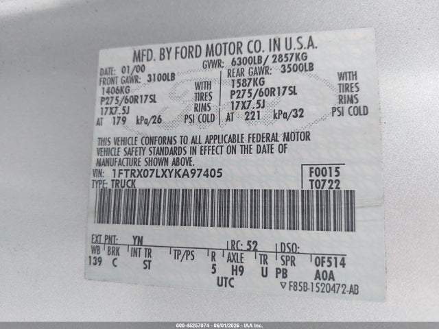 Aukcja sprzedaży 2000 Ford F-150 Lariat/xl/xlt, vin: 1FTRX07LXYKA97405, numer aukcji: 45257074