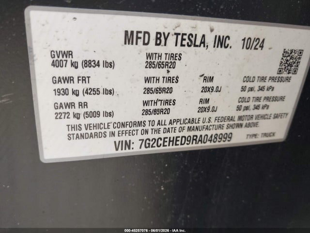 Aukcja sprzedaży 2024 Tesla Cybertruck All-wheel Drive, vin: 7G2CEHED9RA048999, numer aukcji: 45257076