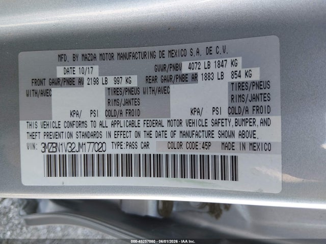 2018 Mazda Mazda3 Touring მანქანა იყიდება აუქციონზე, vin: 3MZBN1V32JM177020, აუქციონის ნომერი: 45257080