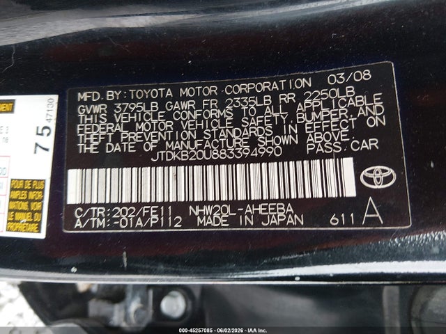 Aukcja sprzedaży 2008 Toyota Prius, vin: JTDKB20U883394990, numer aukcji: 45257085
