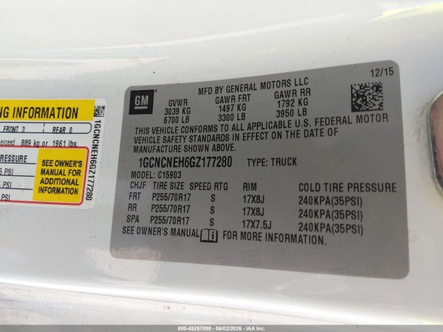 45257090 :رقم المزاد ، 1GCNCNEH6GZ177280 vin ، 2016 Chevrolet Silverado 1500 Wt مزاد بيع