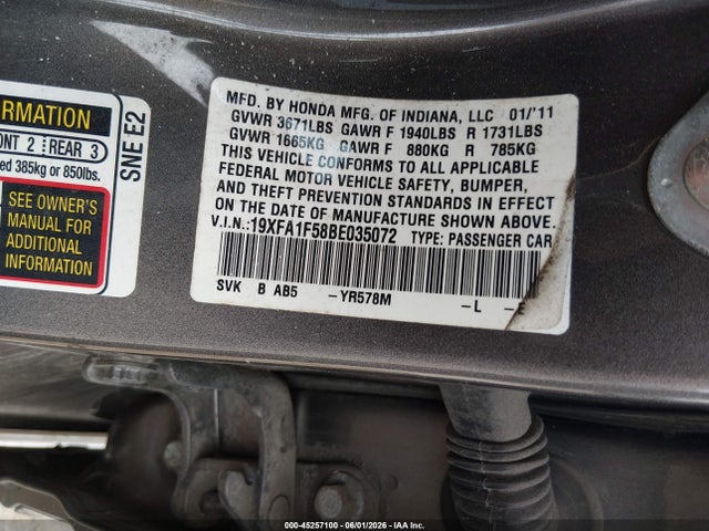 Aukcja sprzedaży 2011 Honda Civic Lx, vin: 19XFA1F58BE035072, numer aukcji: 45257100